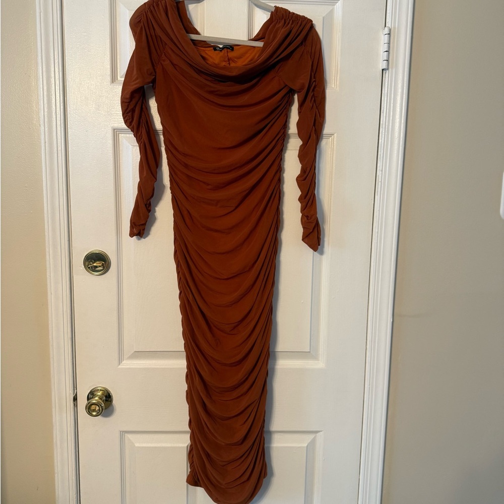 Pretty Garden Ruched Long Sleeve Bodycon Dress in Rust